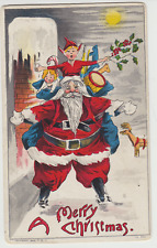 Merry Christmas ,  Red Coat Fat Santa, Elf & Toys, Pre-Linen  Postcard picture