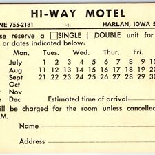 c1950s Harlan, IA Hi-Way Motel Reservation Prepaid Postcard Hwy 59 & 64 Inn A157 picture