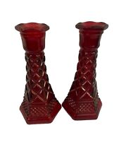 Pair of 2 Vintage Wexford 6” Bud Vases-Candleholders ANCHOR HOCKING RUBY RED picture