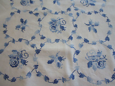 Vintage 1950's WHITE LINEN TABLECLOTH ~ 66x52 ~ BLUE CROSS-STITCH FLORAL EMBROID picture