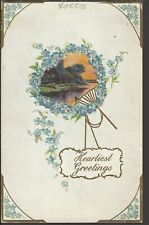 HEARTIEST GREETINGS ~ 1911 Scenic with Embossed Blue Flowers picture