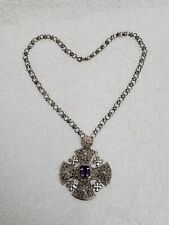 Vintage Sterling Silver Amethyst Crusader Cross Pendant  W 19. 5 Necklace   52g picture