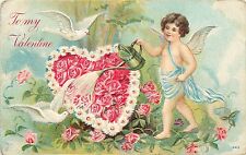 c1907 Embossed Valentine Postcard 643; Cupid & Watering Can w/ Wreath of Roses picture