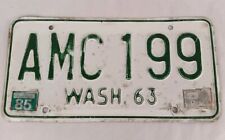 Single 1963 Washington State License Plate AMC 199 WASH. 63 Tab 85 Green & White picture