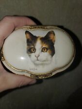 Vintage Japan Amber Eyes Calico Cat Kitten Music Jewelry Box Plays Amazing Grace picture