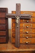 Antique Tramp Art Wood Carving Crucifix Cross Folk Art Cigar Boxes Vintage picture