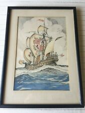 Original Watercolor Painting Framed Nautical Sailing Ship Boat, 8 3/8