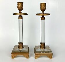 Antique Napoleon Pair French 1800s Early Glass & Gilt Bronze Ormolu Candlesticks picture