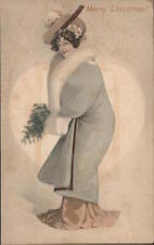 XMAS Merry Christmas-Woman dressed in elegant winter coat and fancy hat Vintage picture