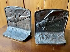 VINTAGE CHARLES LINDBERGH AVIATOR WAR AIRPLANE CAST IRON ART STATUE BOOKENDS picture