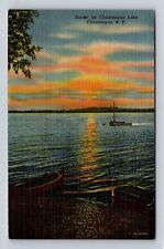 Chautauqua NY-New York, Sunset on Chautauqua Lake, Vintage c1954 Postcard picture