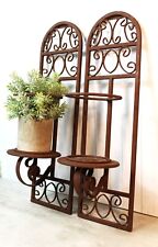 Vintage Pair Arched Scrolled Ornate Iron Metal Wall Candle Sconces Brown Pillar picture