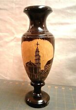 Vintage Wooden Pillar Religious Candle Holder featuring Hand Carved Church  picture