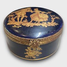 Vintage Limoges France Porcelain Blue Gilt Floral Peint Main Trinket Box picture