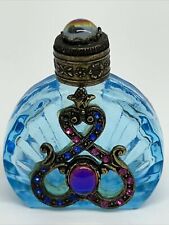 Vintage Czech Mini Perfume Bottle Aquamarine Glass Metal & Rhinestones Empty T6 picture