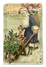 c1910  Purple Robe Santa Claus Wheelbarrow Die Cut Edge Border Christmas P554 picture