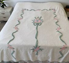 Vintage Queen/Full Chenille Bedspread Flowers Cream Pink Green Perfect picture