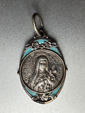 Gorgeous Antique French Religious Silver Medal -Blue Enamel -Souvenir de Lisieux picture