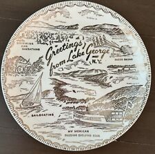 Vintage MCM Souvenir Decor Gold Plate Greetings From Lake George NY Landmarks picture