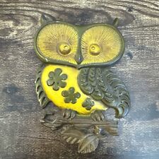 Vintage 1970’s Sexton Owl Cast Aluminum Green Yellow Wall Art Hanging Decor picture