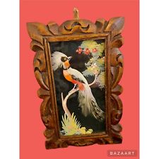 VTG Mexican Folk Art Feathercraft Bird With Hand Hand Carved Wooden Frame picture