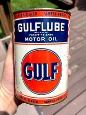 RARE 1930S VINTAGE GULF GULFLUBE MOTOR OIL OLD CHECKERBOARD 1 QT. OIL CAN SIGN picture