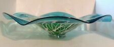 Huge Blue & Green Drizzle Art Glass Centerpiece Console Bowl 19