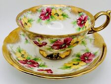 VINTAGE JAPAN CUP & SAUCER POPPY POPPIES; FLORAL HEAVY GOLD SPRAY TEACUP picture