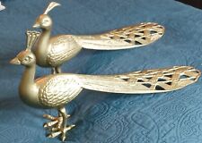 Vintage MCM Pair Of Brass Peacocks Decor Figurines Large Lot Of 2 MALE & FEMALE picture