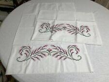 Vintage Pair Handmade Cross-Stitch Embroidery Pillowcases Pink Flowers 29x20 picture