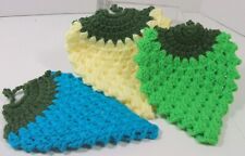 Set of 3 crocheted strawberry pot holders, hot pads, trivets blue green yellow picture