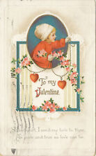 TO MY VALENTINE - Postcard 1916 - CHILD HANGING STRING OF HEARTS AND FLOWERS picture
