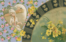 VALENTINE postcard - VICTORIAN WOMAN with FAN -FLOWERS picture