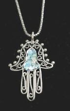 Roman Glass Pendent Silver 925 Hamsa Hand Ancient Fragment 200 BC Filigree Style picture