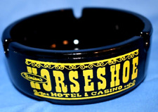 Vintage Binion's Horseshoe Casino-Black Amethyst Yellow Lettered Glass Ashtray picture