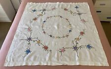 Vintage Colourful Floral Embroidered Cream Linen Small Square Tablecloth 120 Cm² picture