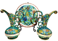 3 Pc. Set Of H. Bequet Quaregion Handpainted Vases #'d 372 & Anemone Tray Rare picture