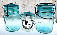 3 Vintage Ball Ideal Blue/Teal Mason Jars w/wire & Lids - 1 Bicentennial picture