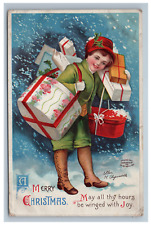 Ellen Clapsaddle Merry Christmas Postcard Girl Gifts Presents Packages Boots picture