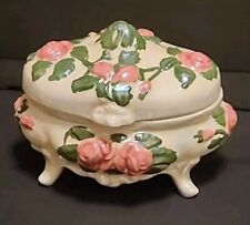 Rare Vintage Ceramic Pink Roses Footed Trinket Box,Pink flower oval Jewelry Box picture