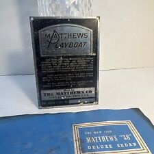 Vintage MATTHEWS Playboat Model Hull ID Brass Enamel Tag Plate Plaque & Brochure picture