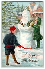 c1910's Christmas Children Santa Snowman Holly Berries Embossed Antique Postcard picture