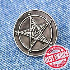 Button Metal Pin with Pentagram. Baphomet, Satan, 666 occult symbol, black metal picture