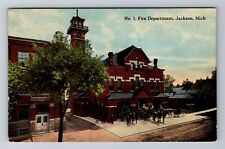 Jackson, MI-Michigan, No. 1 Fire Department, Horse Drawn c1916, Vintage Postcard picture