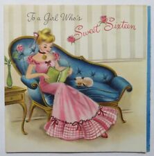Vtg Sweet 16 Birthday Card-LOVELY GIRL READS A BOOK-CAT BLUE SOFA-Hallmark picture