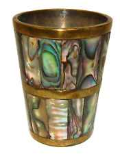 Vintage Abalone Mother of Pearl Shell over Brass Shot Glass picture