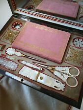 RARE 1820's PALAIS ROYAL SEWING BOX MOTHER OF PEARL Scissors Needle case etc picture