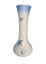 Vintage White Molded Opaque Glass Vase Painted Blue Birds In Flight 13 Inches picture
