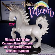 Vintage 12.5” White Ceramic Glazed Unicorn w/ Gold Horn & Brown Base LGBT Symbol picture