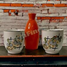 Set Vintage Japanese Tea/Sake Cups Retro Floral Okura Art & Orange Takahashi picture